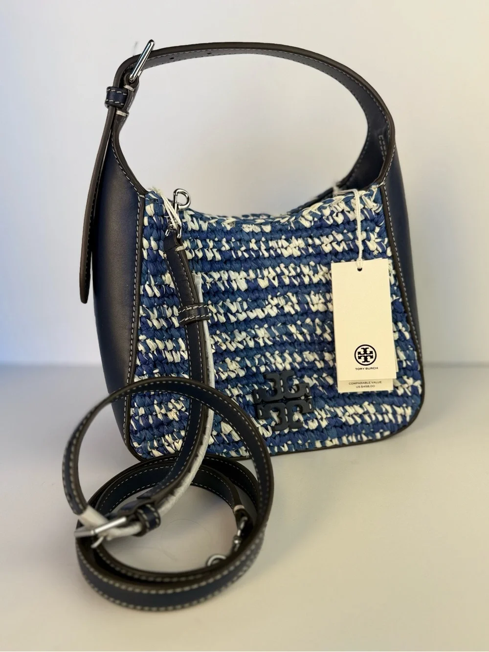 Tory Burch Thea Straw Small Bucket Bag Blue Melange Woven Raffia $458